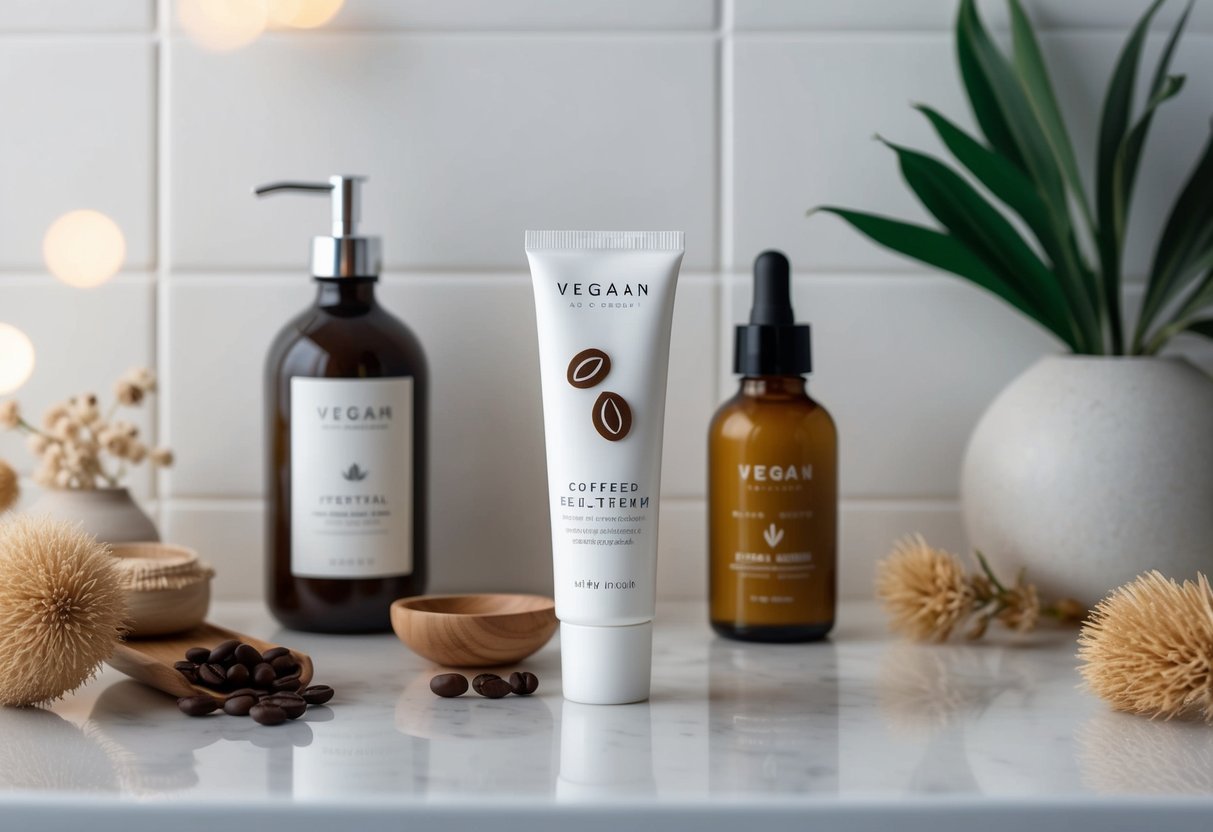 A serene, minimalist bathroom counter with a tube of coffee bean eye cream surrounded by vegan beauty products and natural elements