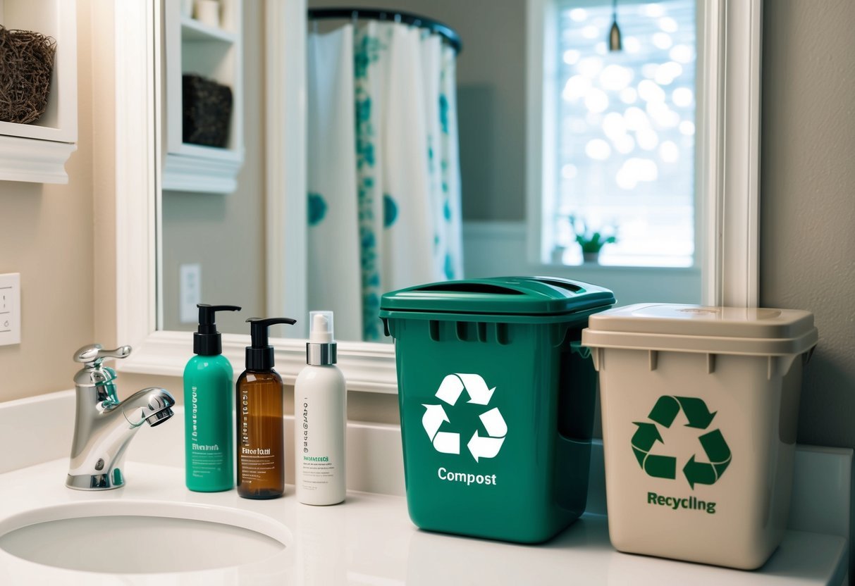 A bathroom counter with reusable containers for beauty products, a compost bin for organic waste, and a recycling bin for packaging materials