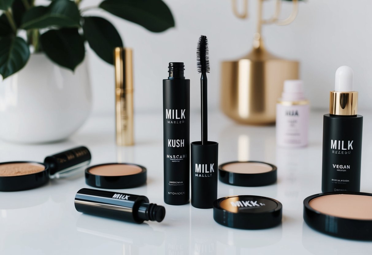 A sleek, modern makeup table with a tube of Milk Makeup KUSH Mascara surrounded by minimalist, vegan beauty products