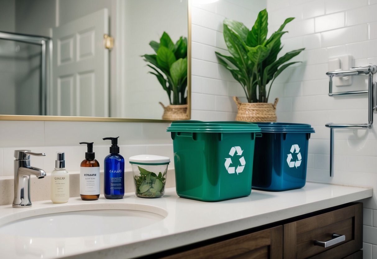 A bathroom counter with reusable containers for beauty products, a compost bin for organic waste, and a recycling bin for packaging materials