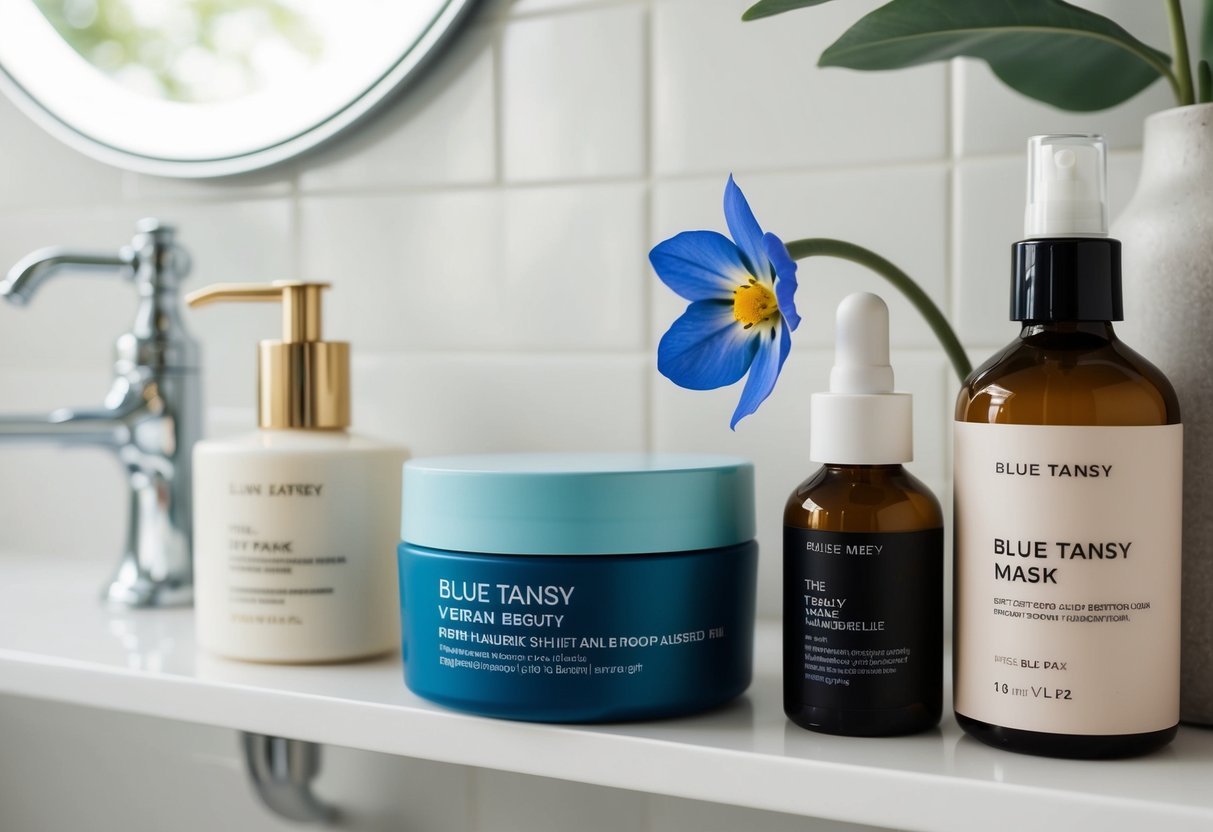 A serene bathroom shelf with the Blue Tansy Mask alongside other minimalist, vegan beauty products