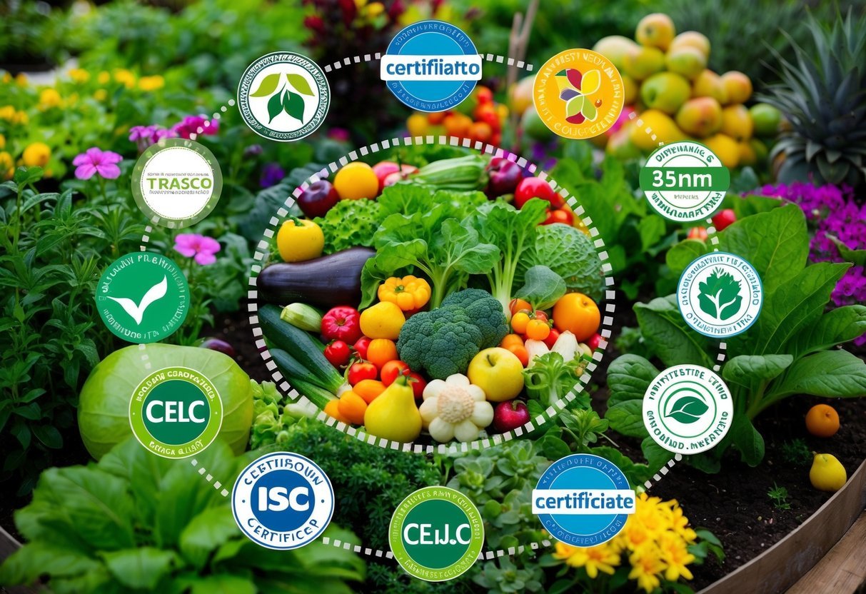 A lush garden with a variety of vibrant fruits, vegetables, and flowers, surrounded by a circle of certification logos