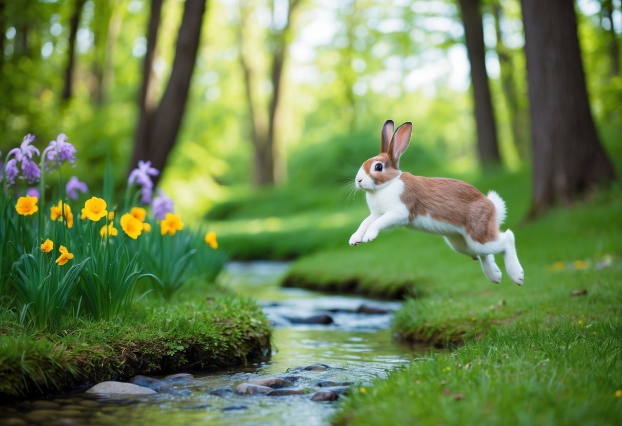 A serene forest with a clear stream, vibrant flowers, and a bunny leaping gracefully through the air