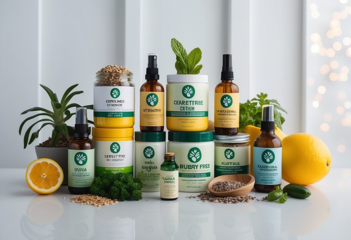 A colorful array of plant-based ingredients and symbols of cruelty-free certifications displayed on a clean, minimalist backdrop