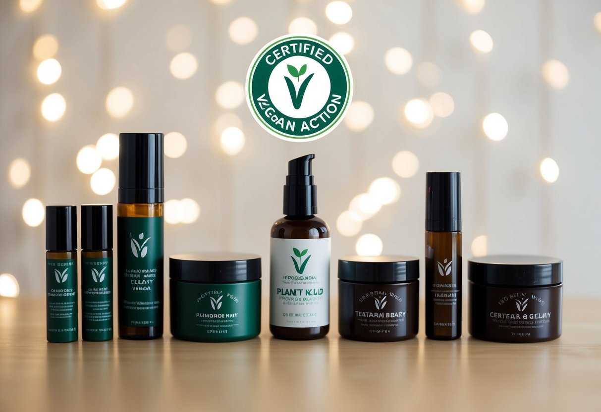 A collection of plant-based beauty products with the Certified Vegan by Vegan Action logo prominently displayed