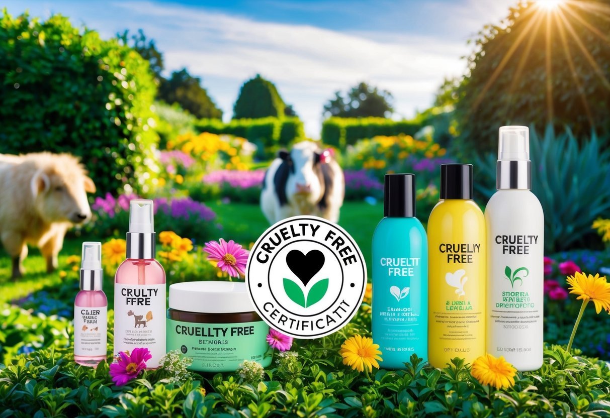 A lush garden with vibrant flowers and animals, a clear blue sky, and a prominent "Cruelty Free" certification logo displayed on various beauty products