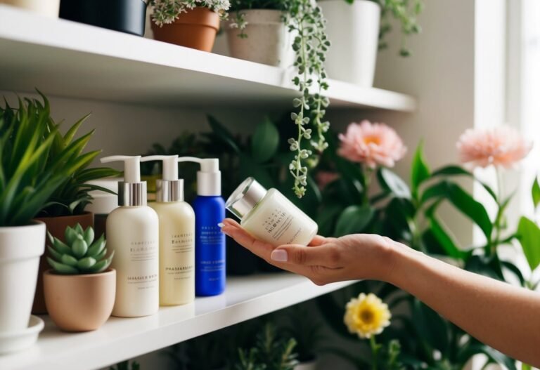 Hand holding skincare product, surrounded by plants and other bottles on a shelf