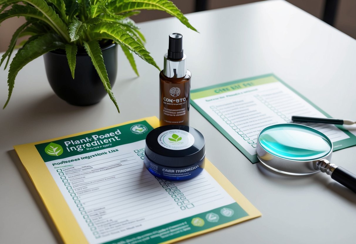 A table with five items: a plant-based ingredient list, a certification logo, a cosmetic product, a magnifying glass, and a checklist