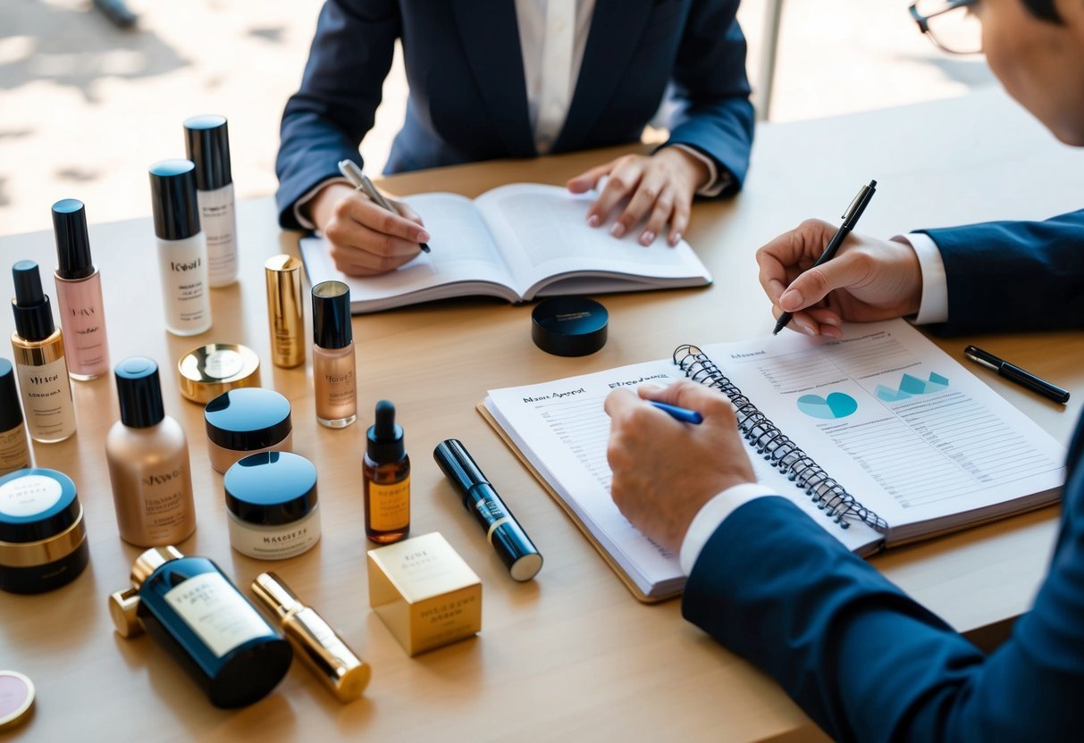A table with various beauty products and their labels, surrounded by a person taking notes and referencing a guidebook