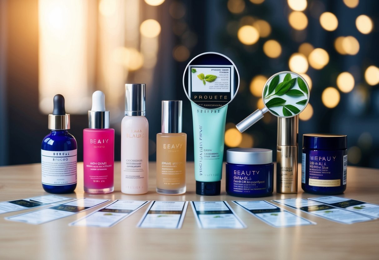 A table with various beauty products and their labels laid out, with ingredients highlighted and magnified for closer inspection
