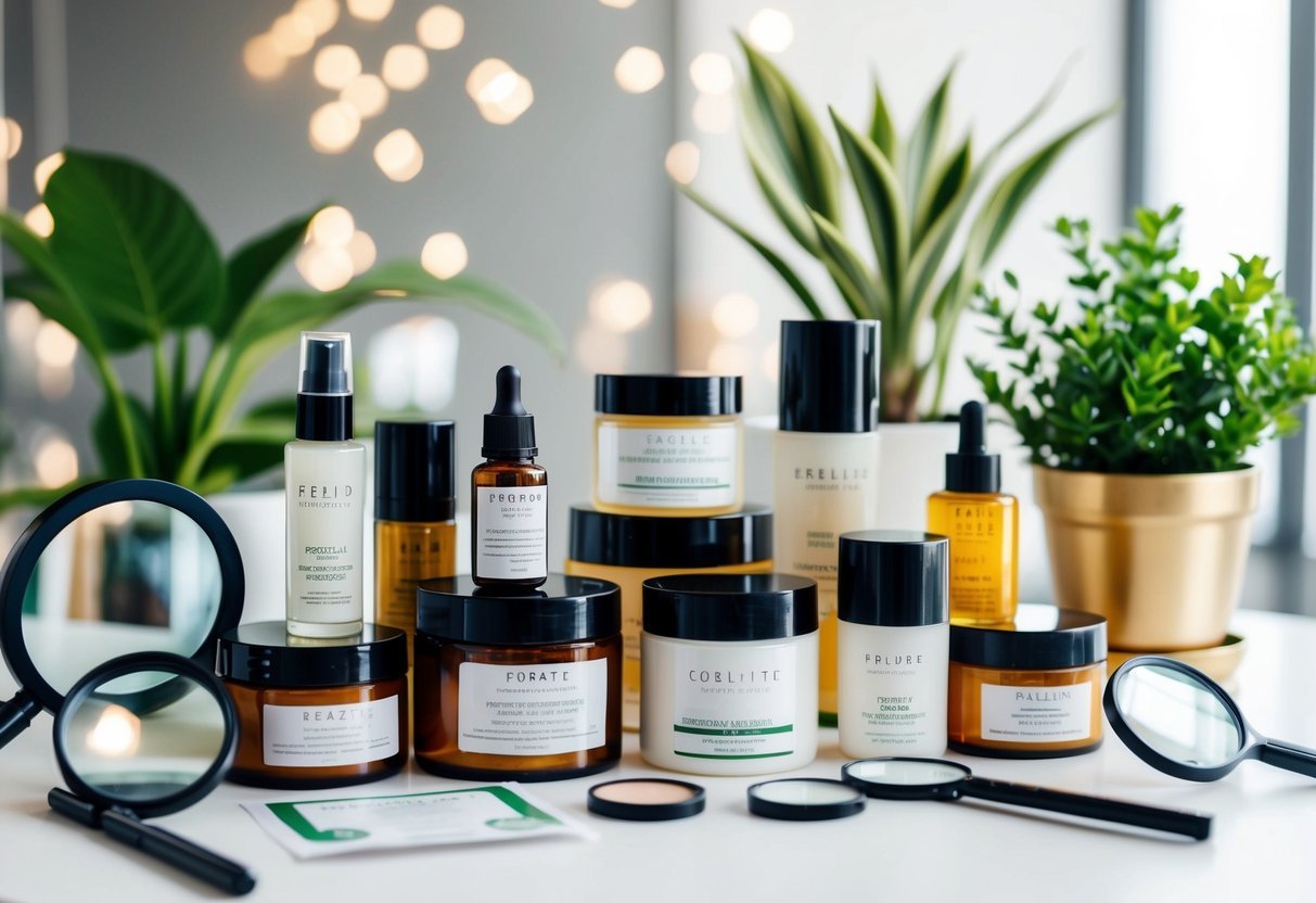 A table with various beauty product containers, surrounded by magnifying glasses, plants, and certification logos