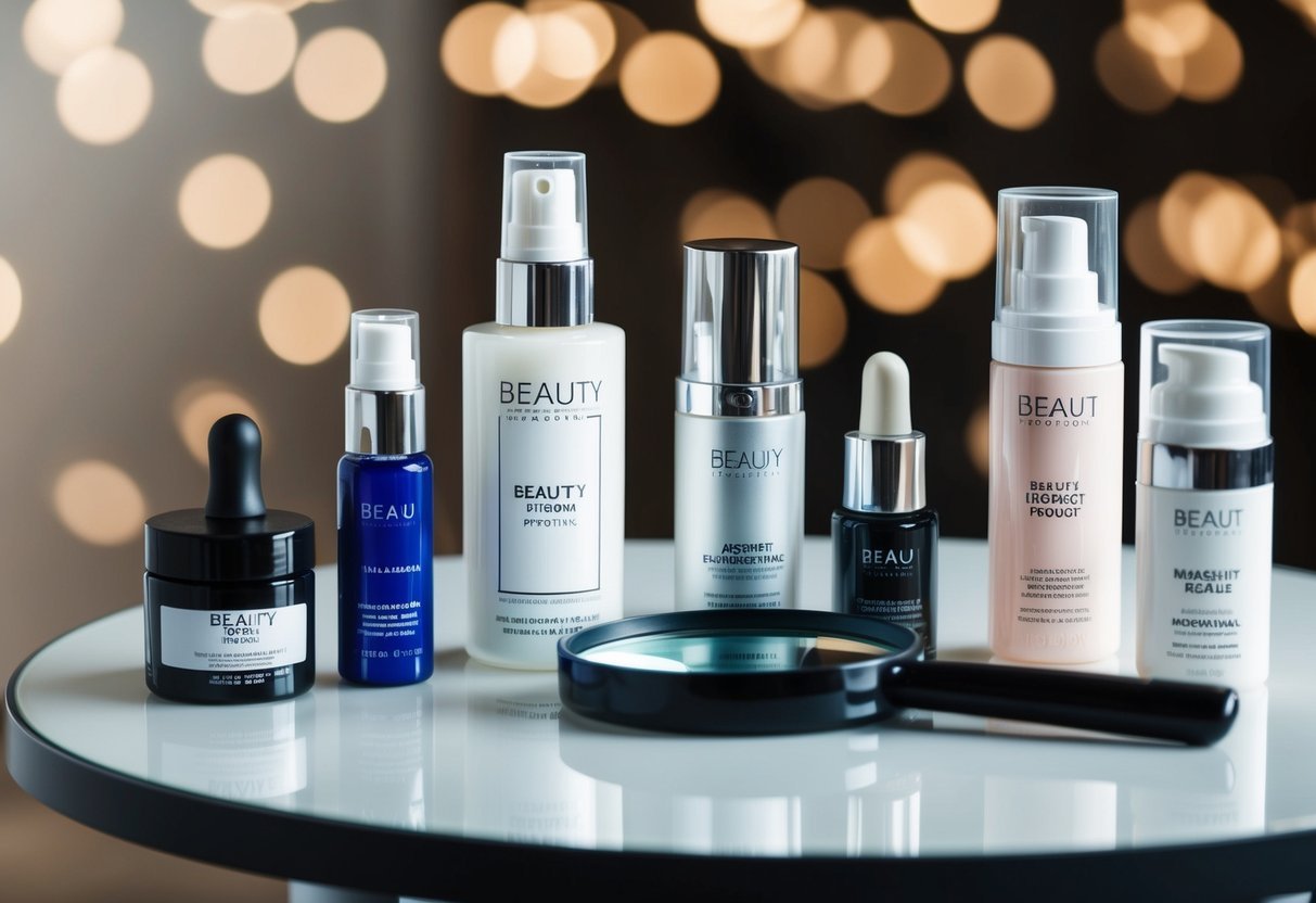 A table with various beauty products, each with a clear and legible label. A magnifying glass sits nearby, highlighting the importance of reading and understanding beauty product labels
