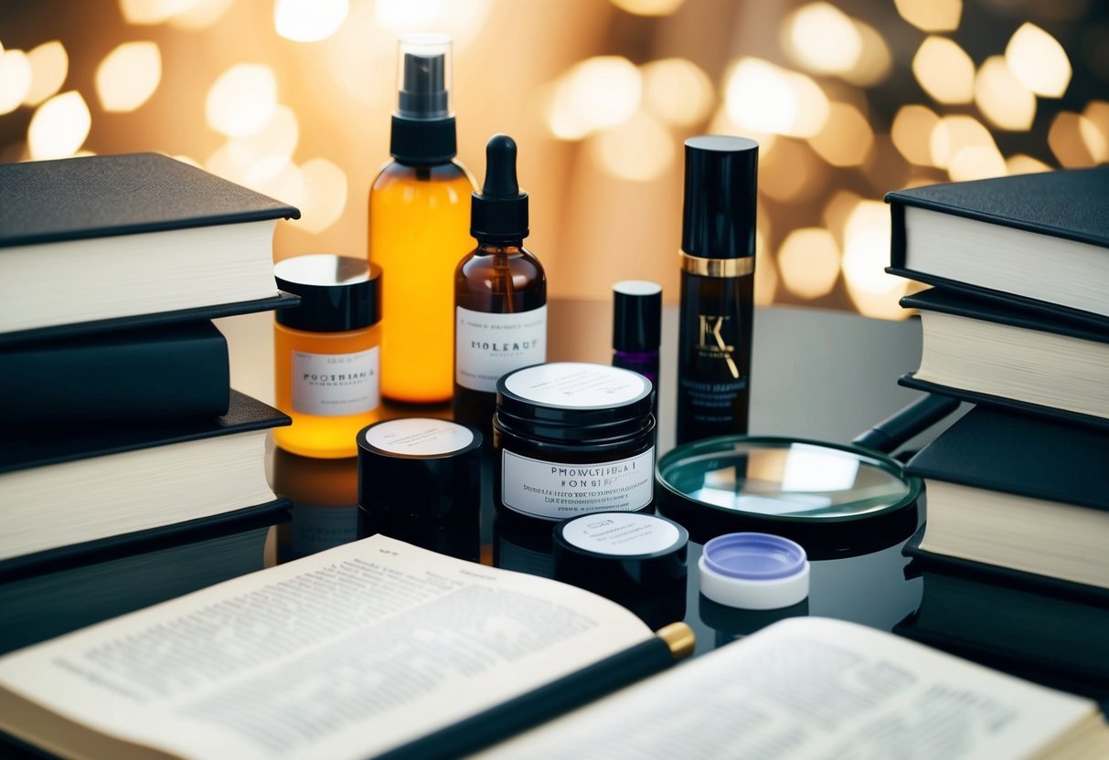A table with various beauty product containers and labels, surrounded by open books and a magnifying glass for close examination