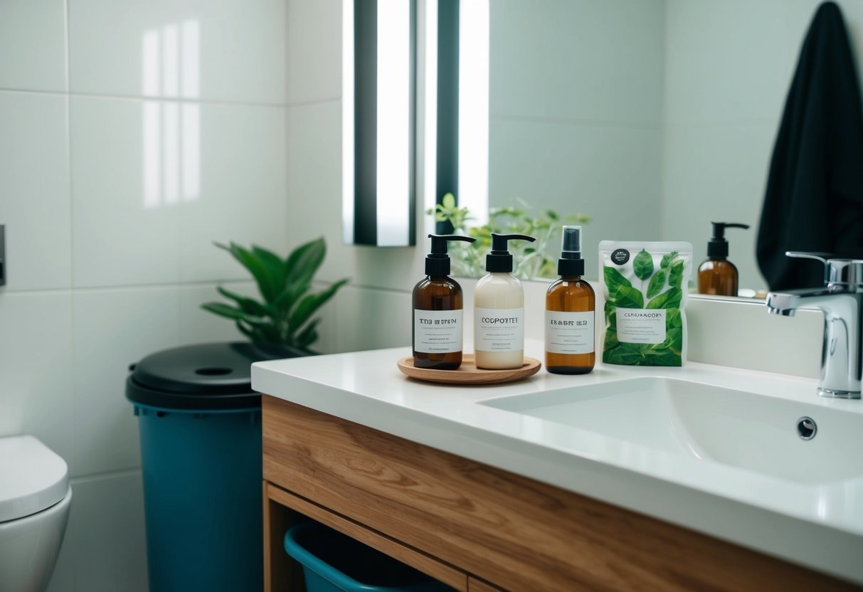 A bathroom counter with reusable containers, natural ingredients, and eco-friendly packaging for skincare products.</p><p>A compost bin and recycling bin nearby