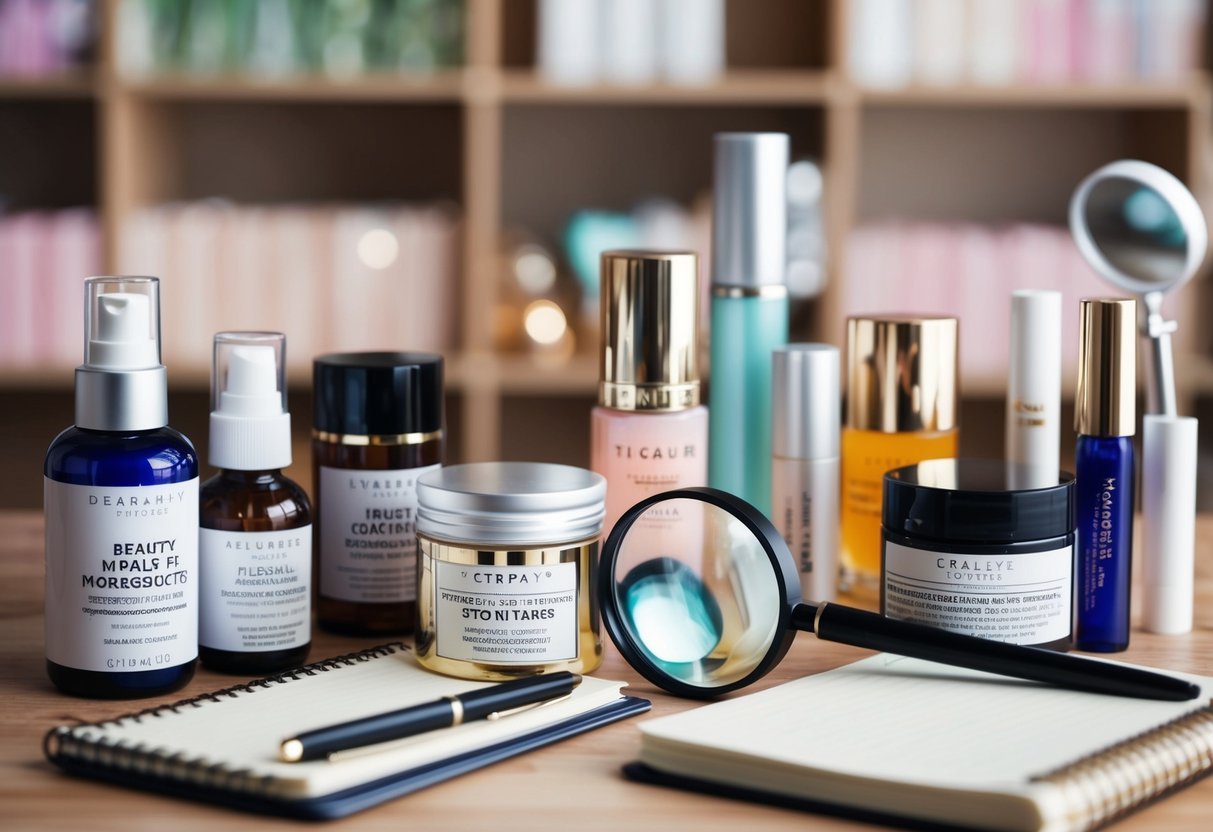 A table with various beauty product containers, surrounded by magnifying glasses, pens, and notebooks for decoding ingredient lists