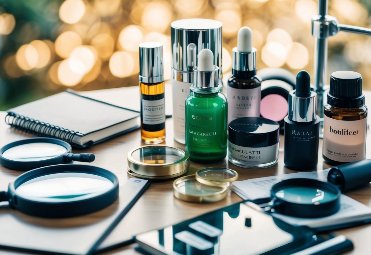 A table with various beauty products, surrounded by magnifying glasses and a book on reading labels