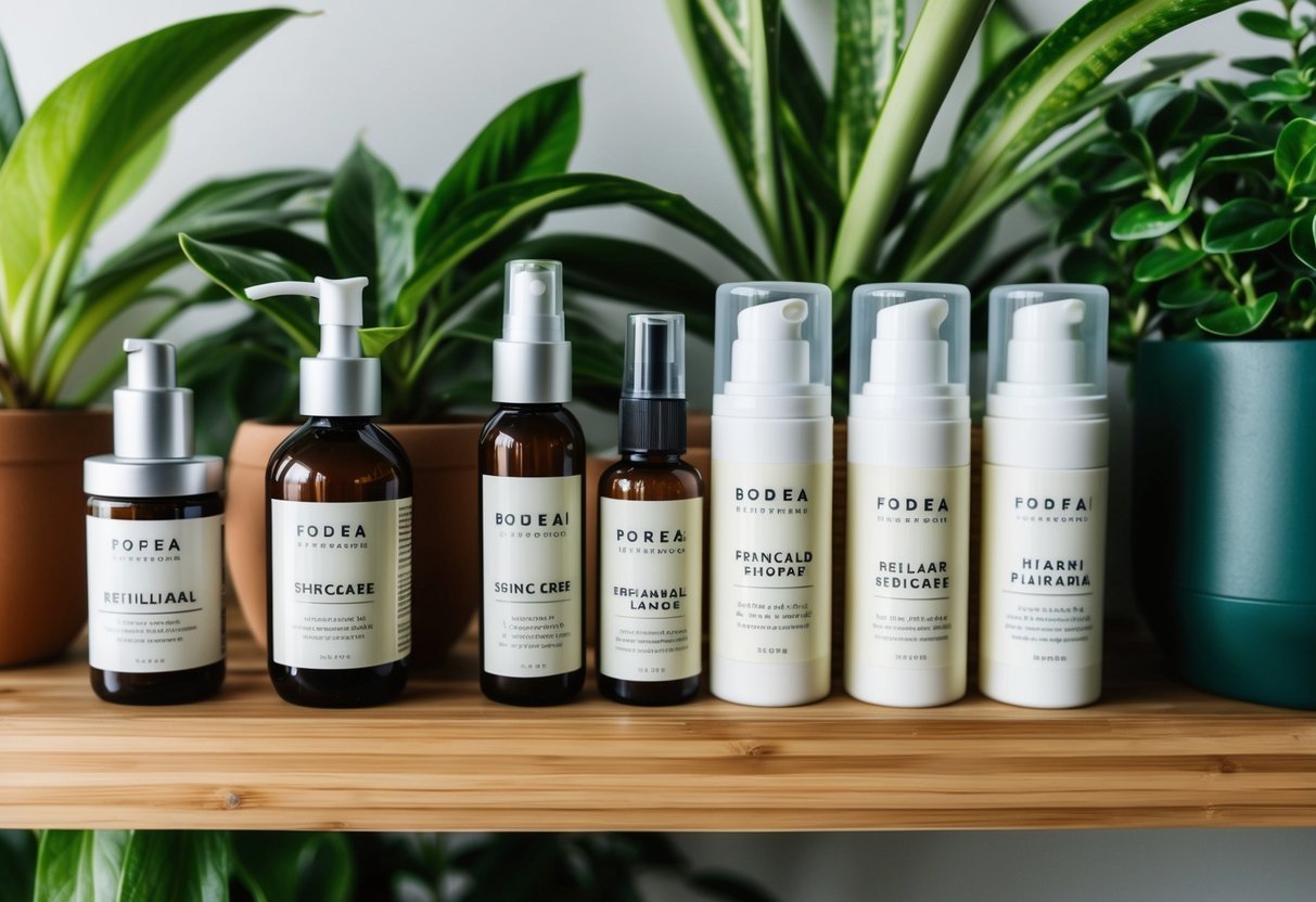 A collection of refillable skincare products arranged on a sustainable bamboo shelf, surrounded by lush green plants and natural lighting