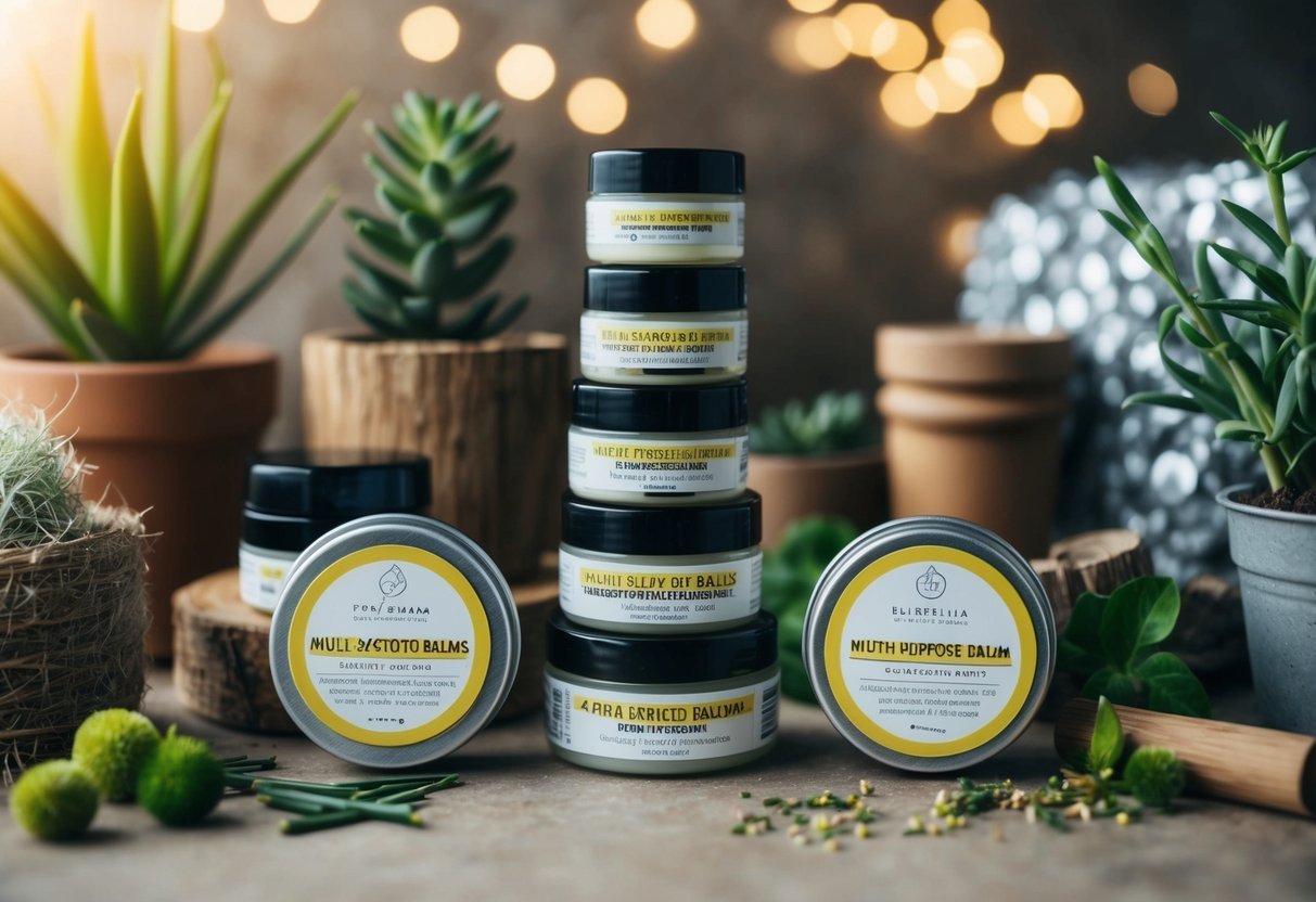 A collection of multi-purpose balms arranged in a sustainable and eco-friendly setting, surrounded by natural elements like plants and recycled materials