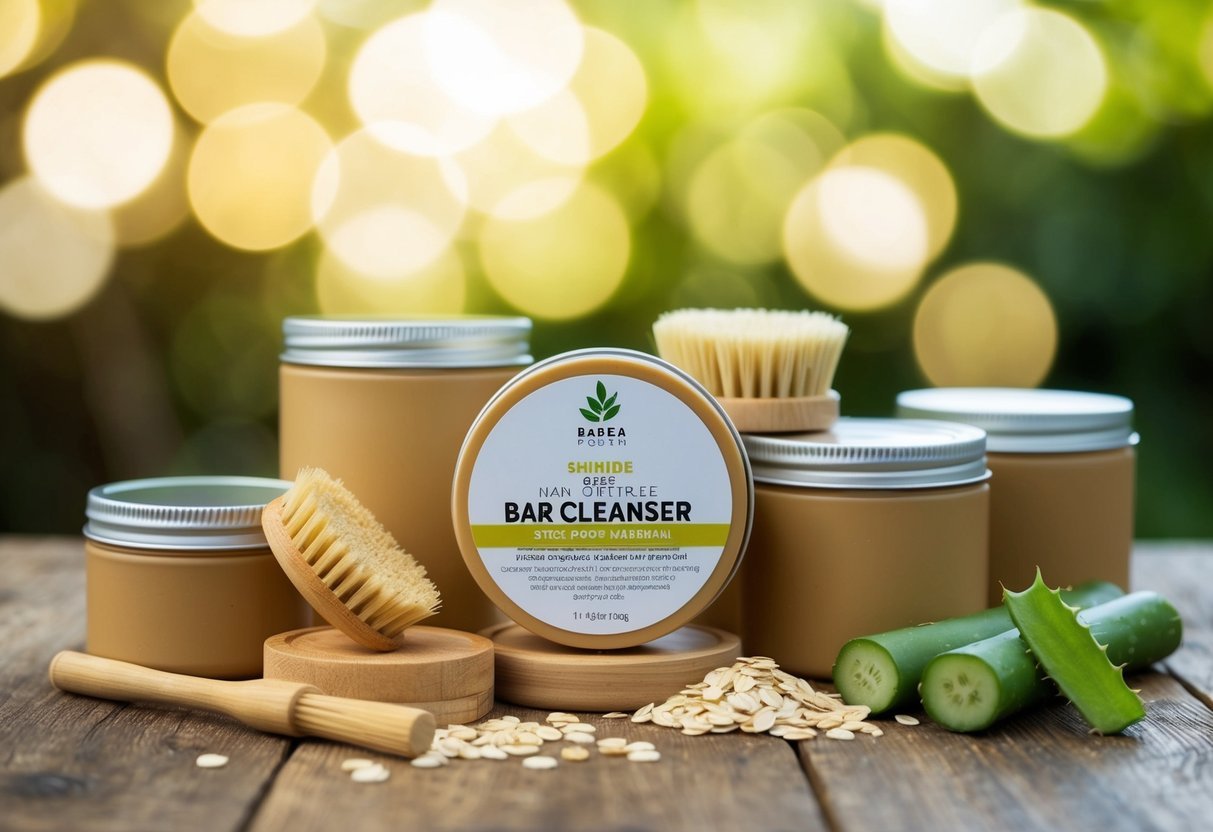 A bar cleanser surrounded by reusable containers, bamboo brushes, and natural ingredients like oats, honey, and aloe vera