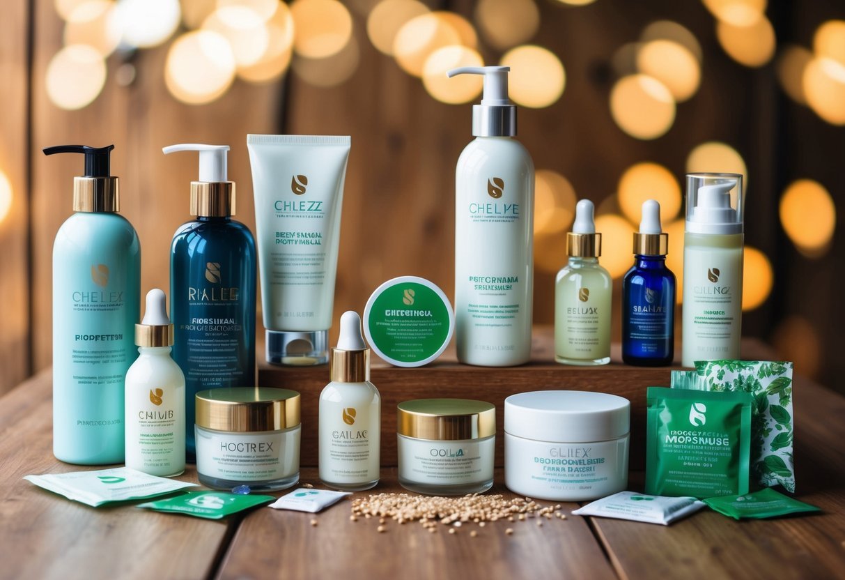 Various skincare products arranged on a wooden table, surrounded by eco-friendly packaging materials like glass bottles, recyclable containers, and biodegradable materials