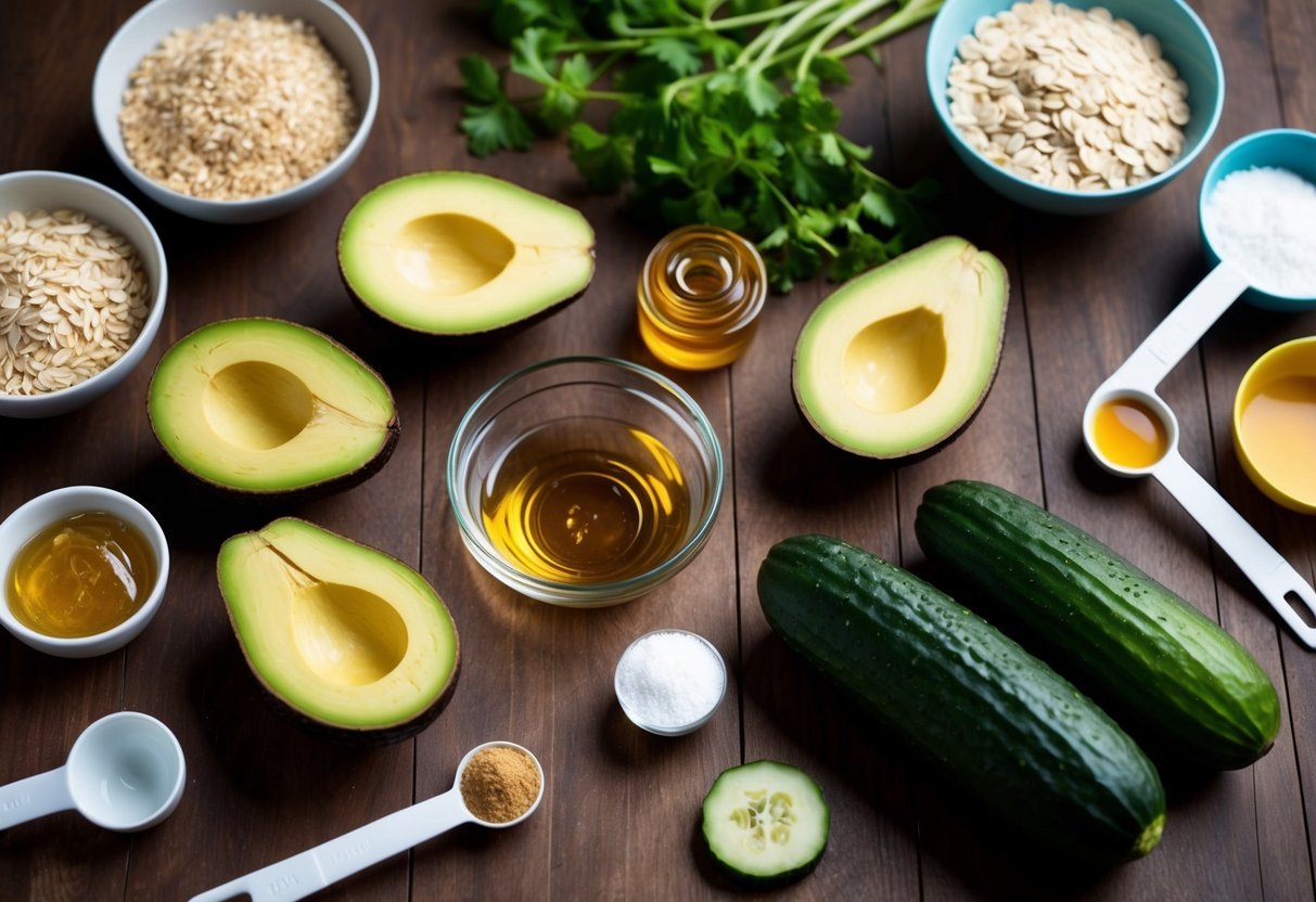 A variety of kitchen ingredients are laid out on a wooden table, including avocados, honey, oats, and cucumbers.</p><p>Bowls, spoons, and measuring cups are scattered around, ready for use in creating DIY skincare masks