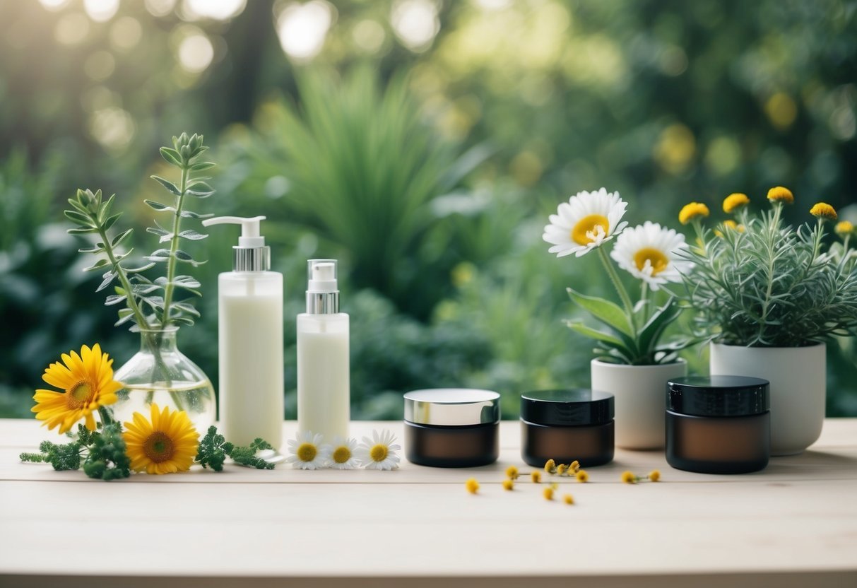 A serene, natural setting with various plants and flowers, accompanied by clean and minimalistic beauty product containers
