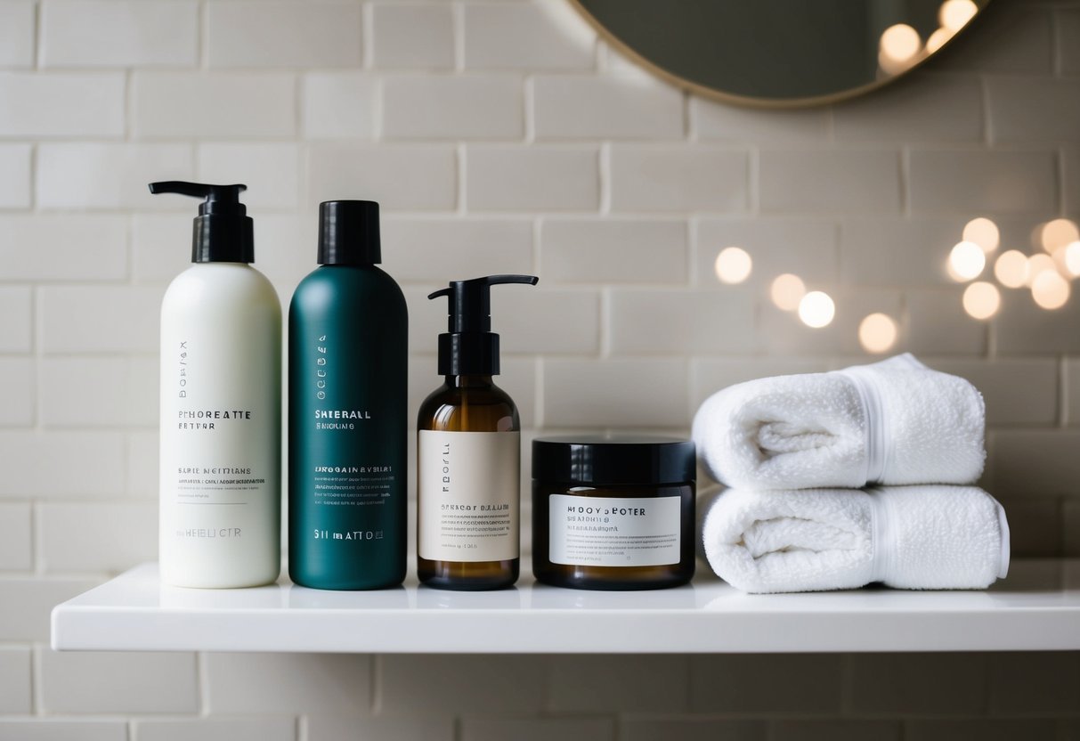 A simple bathroom shelf with a few essential skincare products and reusable, eco-friendly packaging