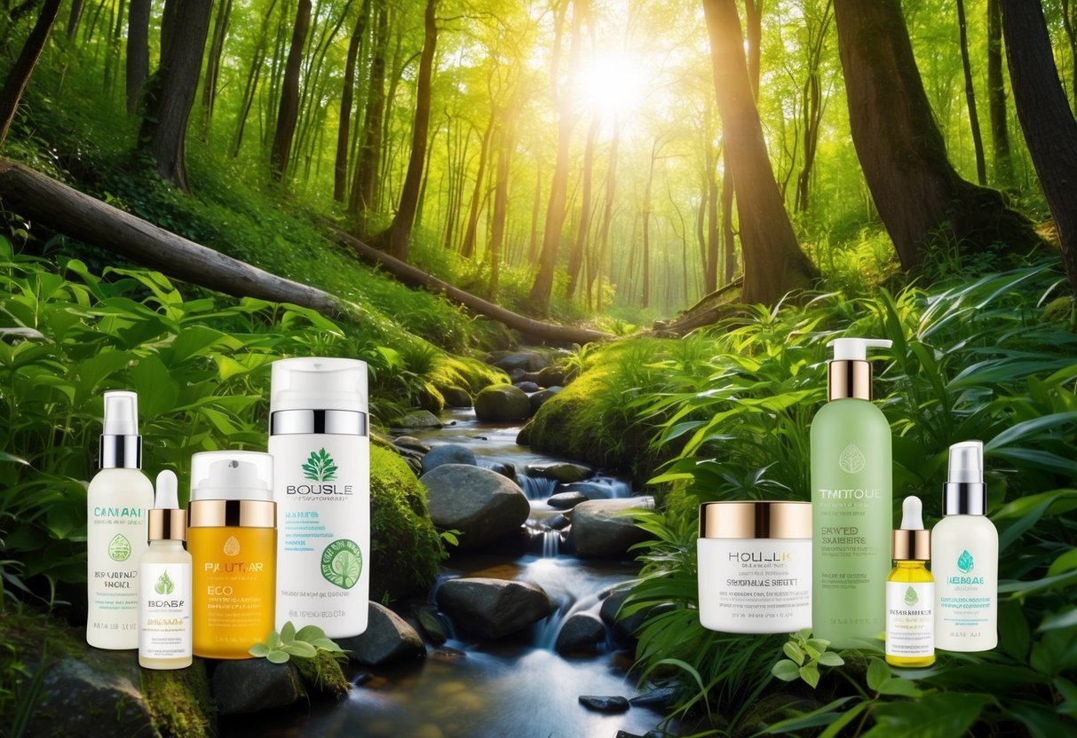 A serene forest with a clear stream running through it, surrounded by eco-friendly skincare products from various brands.</p><p>The sun shines down on the scene, highlighting the natural and sustainable elements