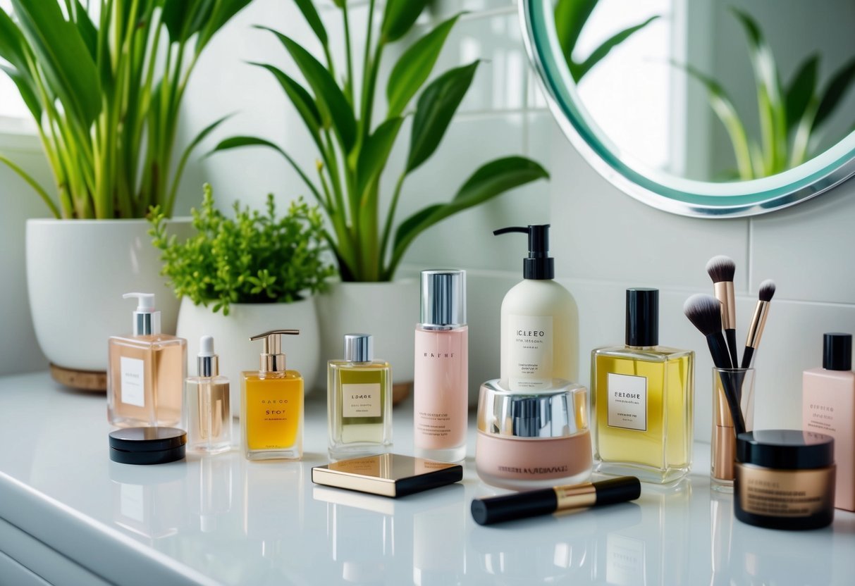 A serene bathroom counter with a variety of beauty products, including perfume, lotion, and makeup, surrounded by green plants and natural light