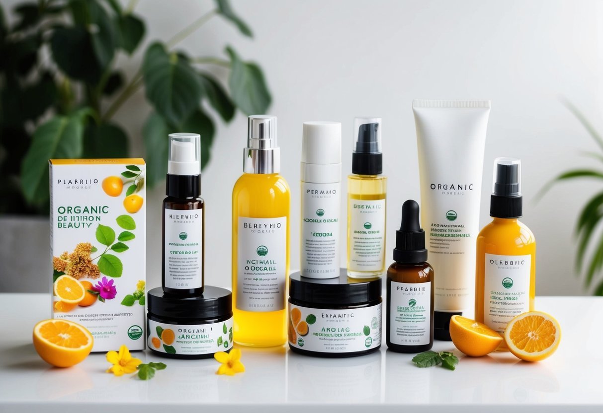 Various organic beauty products arranged on a clean, white surface. Bright, natural ingredients such as flowers and fruits are featured on the packaging