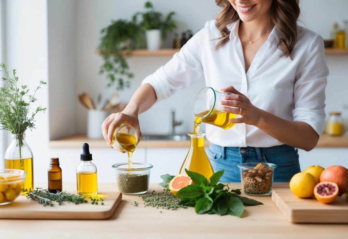 A table with natural ingredients like herbs, oils, and fruits. A woman mixing and pouring ingredients into containers. Bright, clean workspace