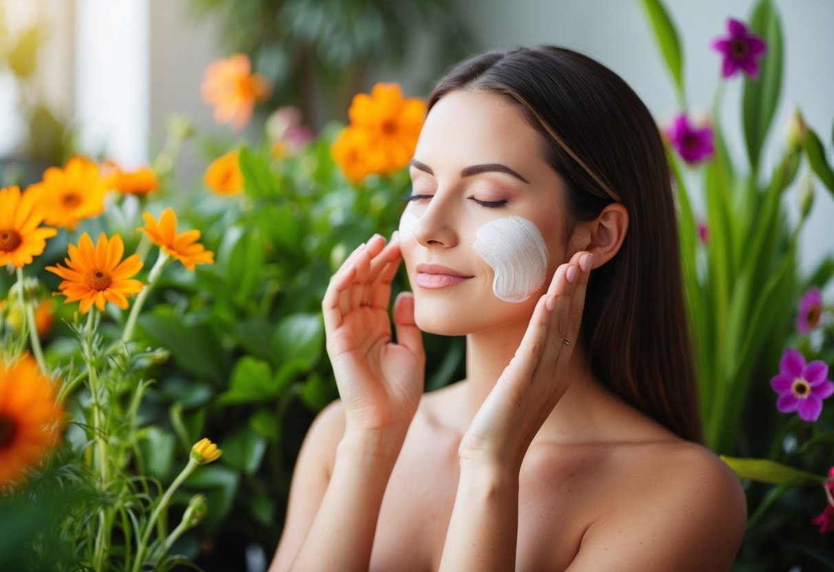 A woman peacefully applying natural ingredients to her skin, surrounded by vibrant plants and flowers