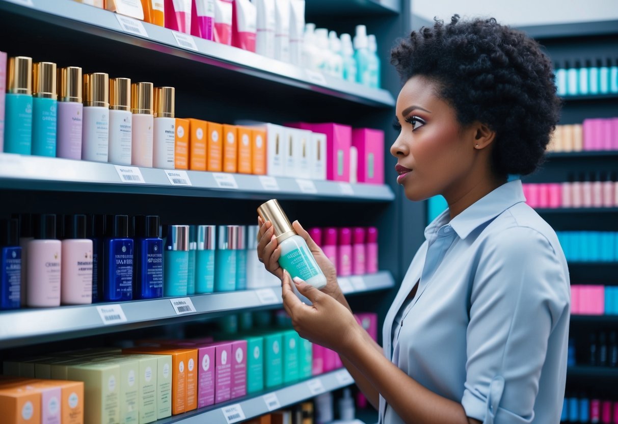 A person standing in front of a shelf of beauty products, carefully examining the labels with a concerned expression. Various products are displayed with colorful packaging