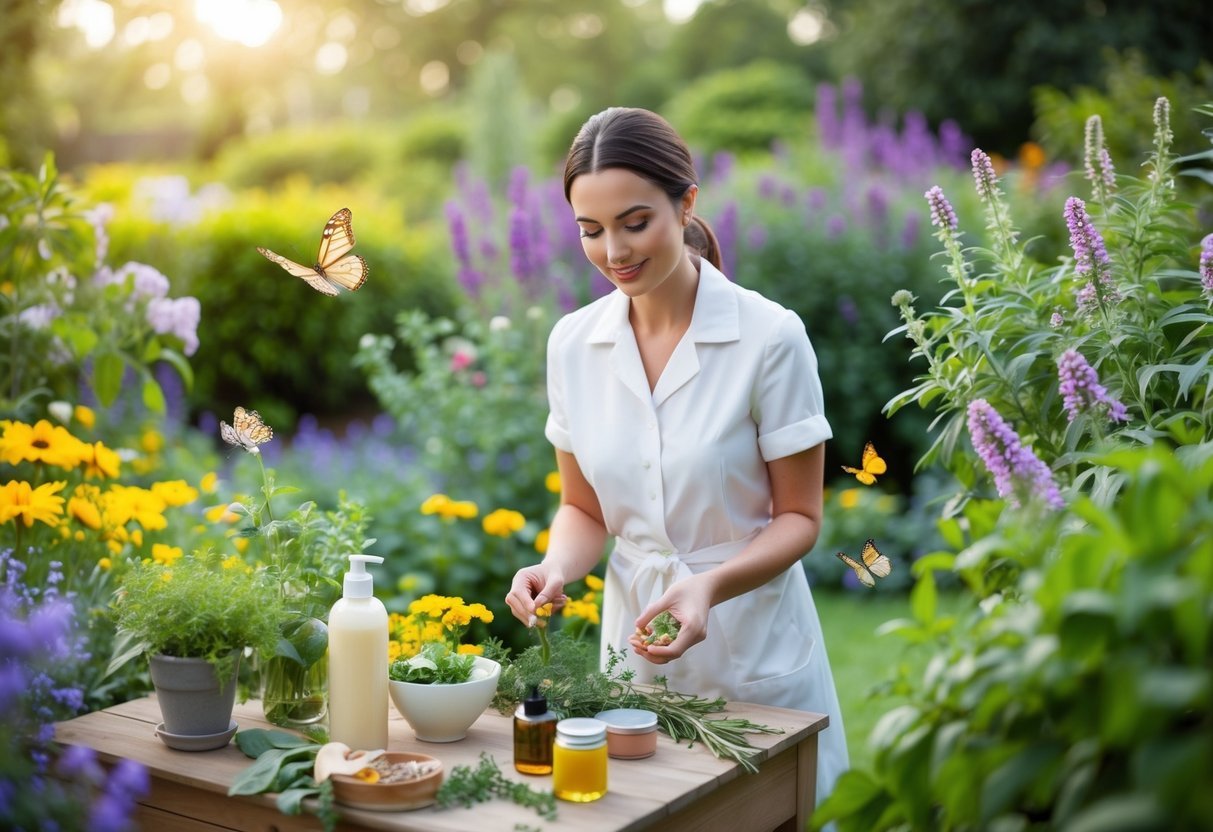 A serene, lush garden with blooming flowers, herbs, and plants. A woman picks fresh ingredients for her homemade beauty products, surrounded by butterflies and birds