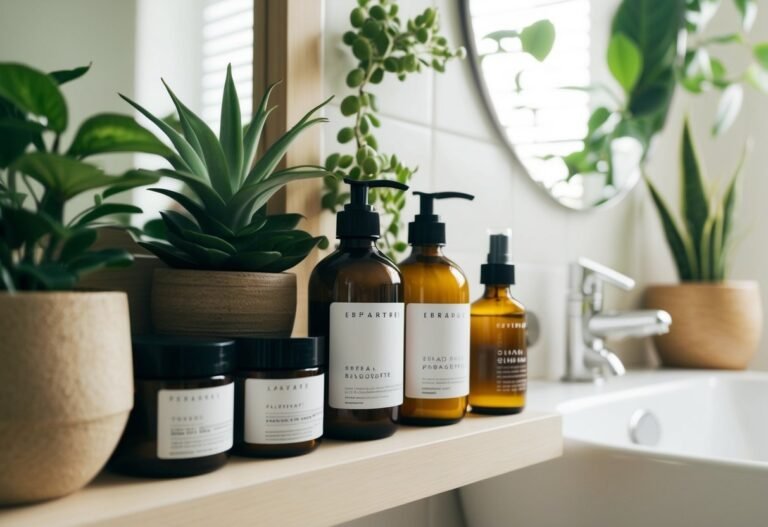 Bathroom shelf with plants, skincare products, and a sink