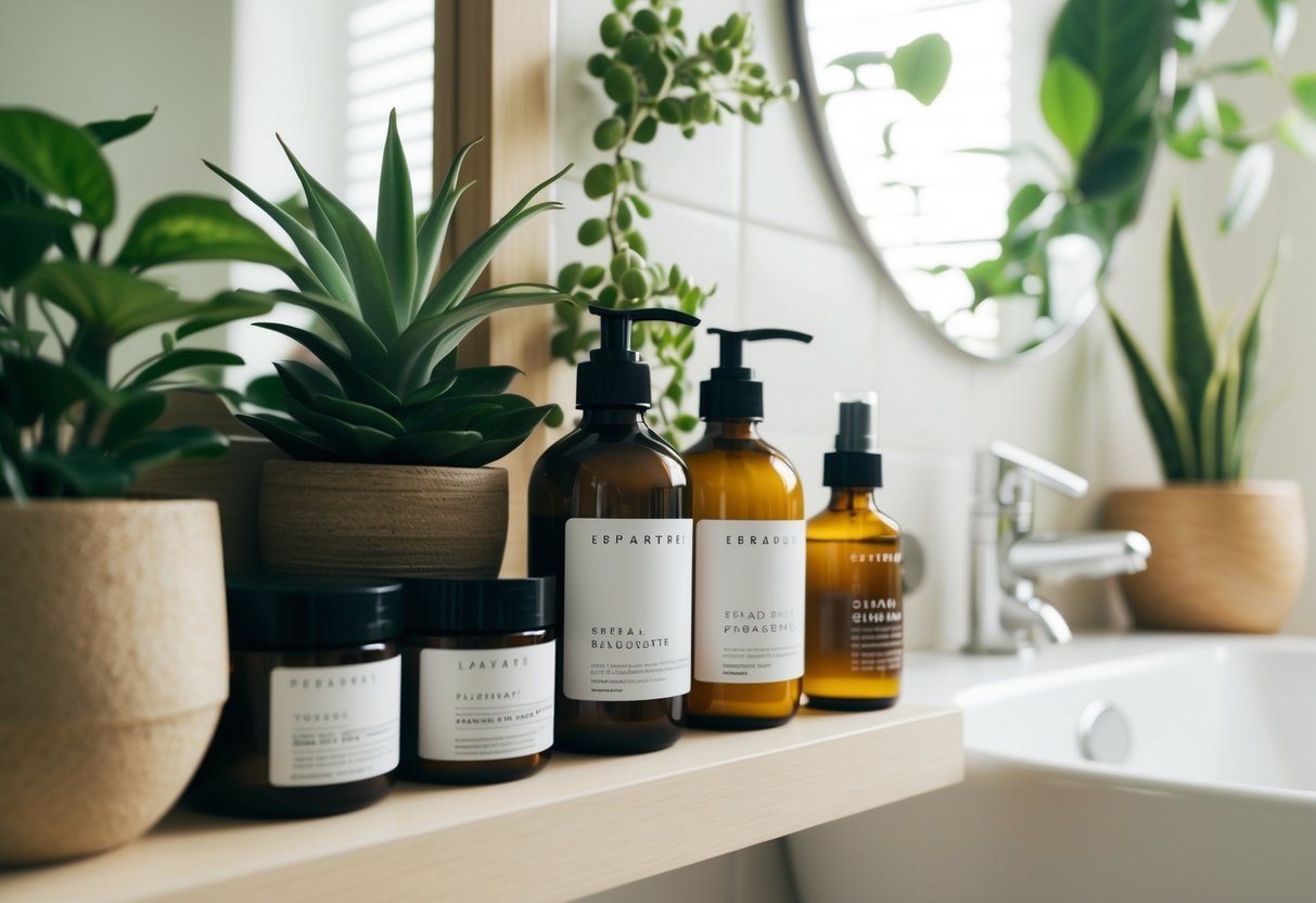 A serene, nature-inspired bathroom setting with plants, natural light, and cruelty-free skincare products neatly organized on a shelf