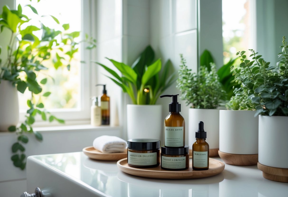 A serene bathroom counter with plant-based skincare products arranged neatly, surrounded by fresh greenery and natural light streaming in through a window