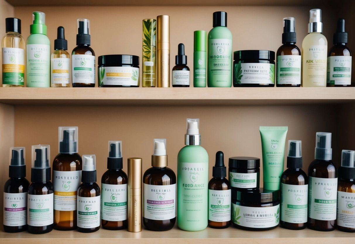 A diverse array of affordable, eco-friendly beauty products displayed on shelves, with clear labeling and natural ingredients