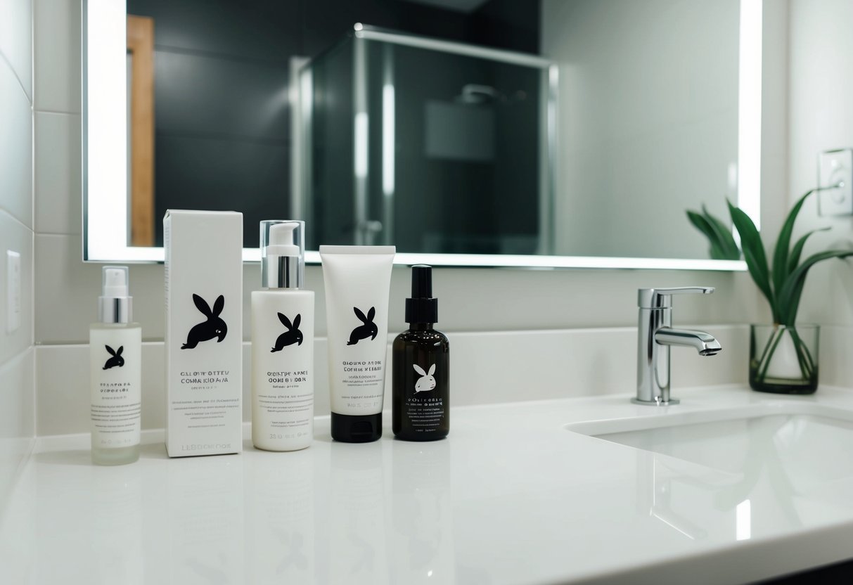 A clean, minimalist bathroom counter with cruelty-free skincare products and the Leaping Bunny logo prominently displayed on the packaging