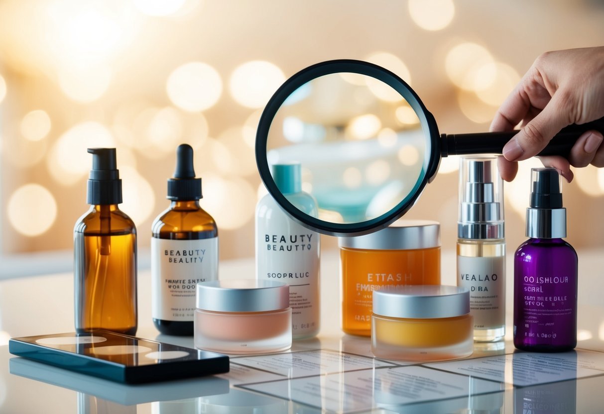 Various beauty products on a table with ingredients labels. A magnifying glass hovers over them, inspecting for harmful chemicals