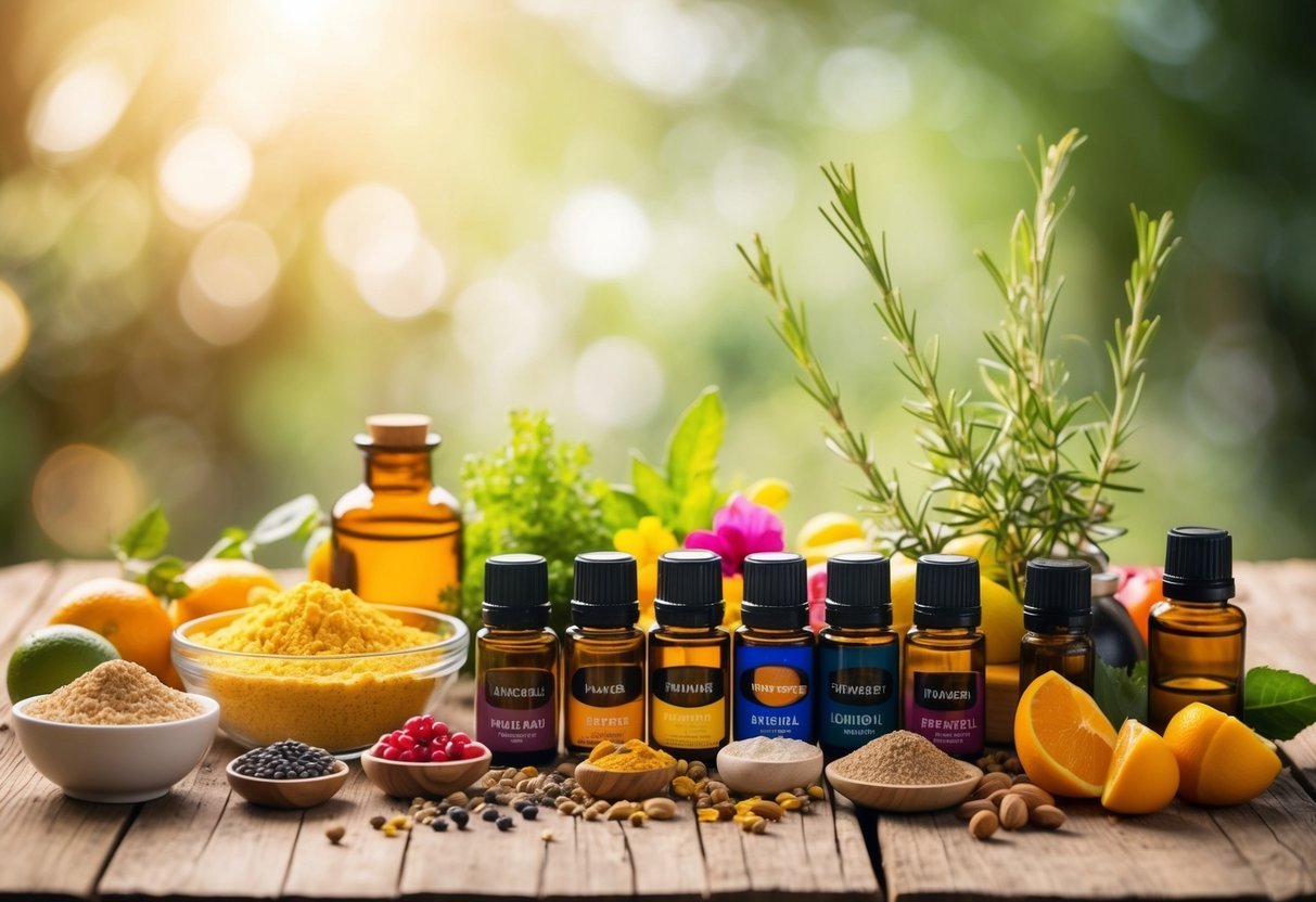 A colorful array of natural ingredients and essential oils arranged on a rustic wooden table, with a soft, natural light illuminating the scene