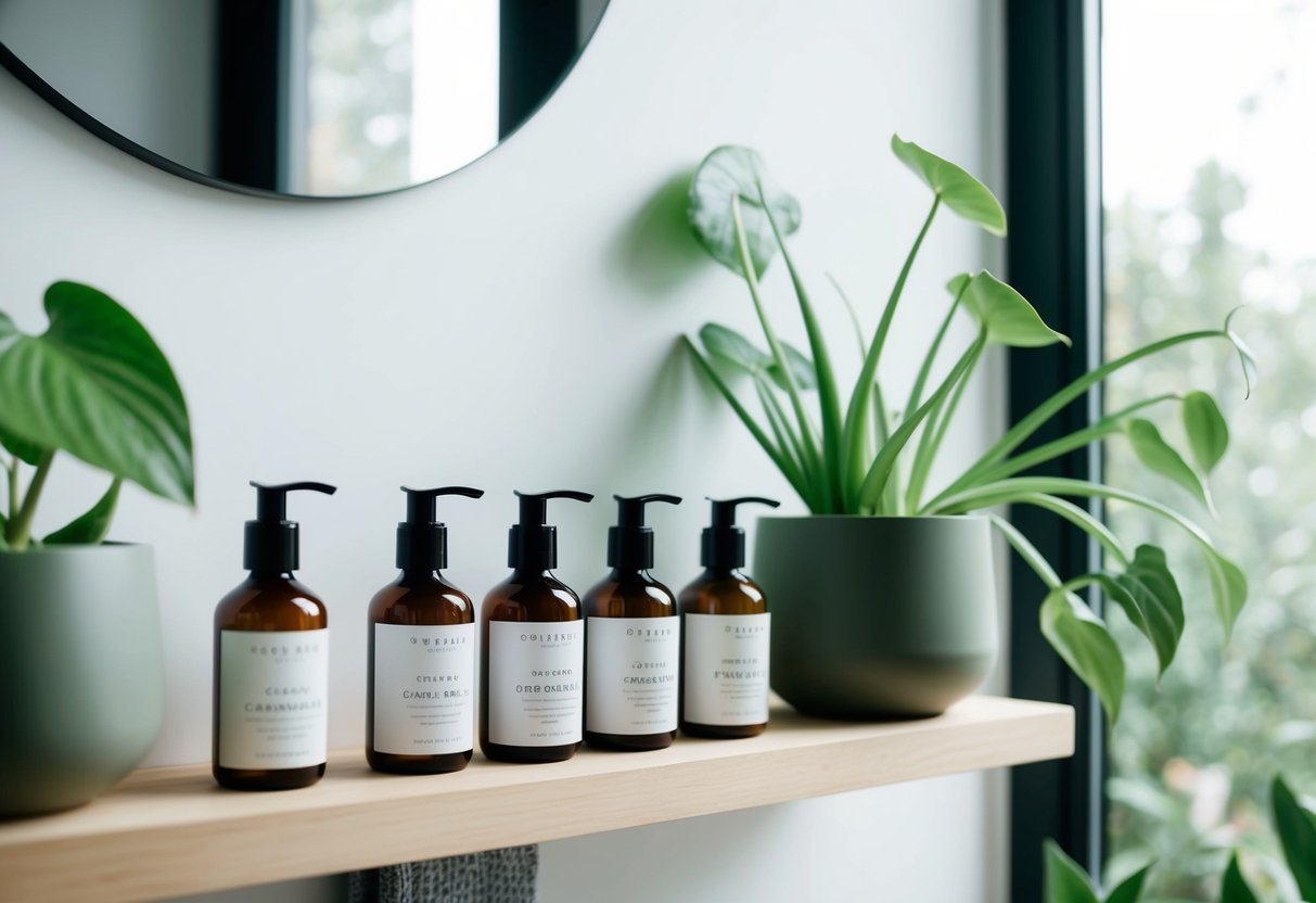 A clean, minimalist bathroom shelf with cruelty-free skincare products arranged neatly in a row, surrounded by green plants and natural light streaming in through a window