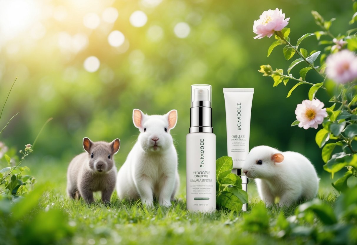 A serene scene of nature with blooming flowers, lush greenery, and gentle animals, symbolizing cruelty-free skincare routine