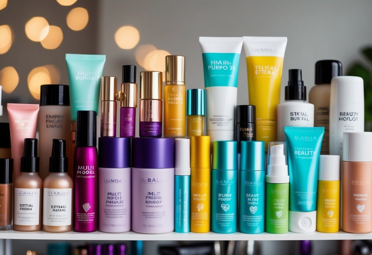 A colorful array of beauty products, including makeup, skincare, and hair care items, are neatly organized on a shelf. The products are labeled as "multi-purpose" and "ethical," with budget-friendly prices