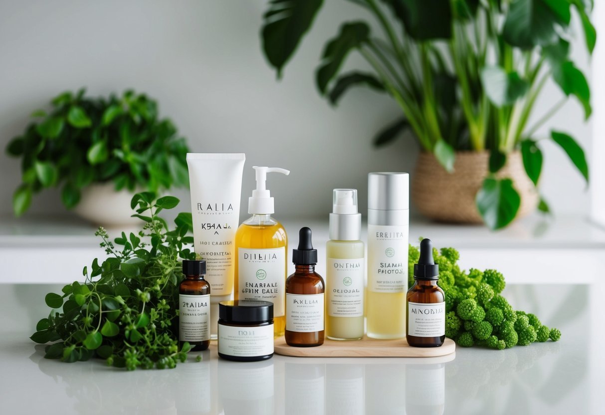 A collection of natural and organic skincare ingredients arranged neatly on a clean, minimalist countertop, surrounded by lush greenery