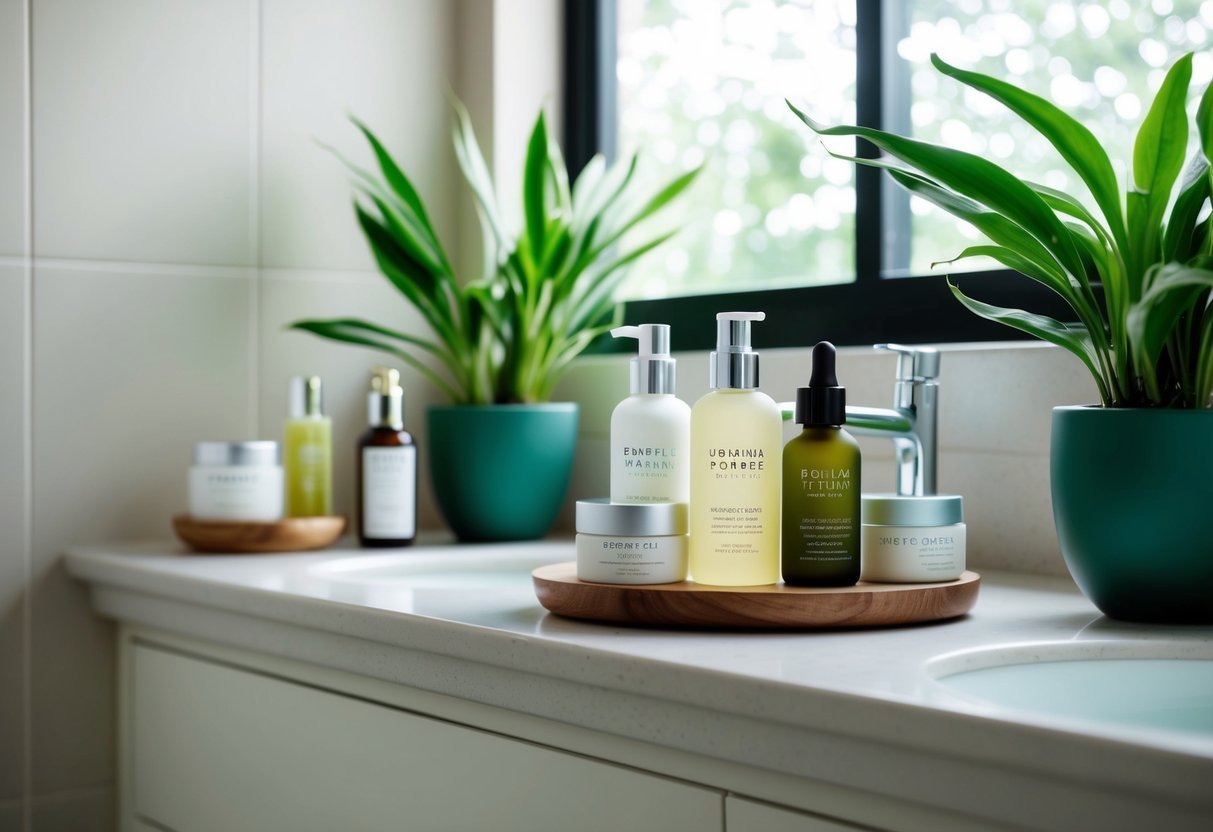 A serene bathroom counter with cruelty-free skincare products neatly arranged, surrounded by green plants and natural light streaming in through a window