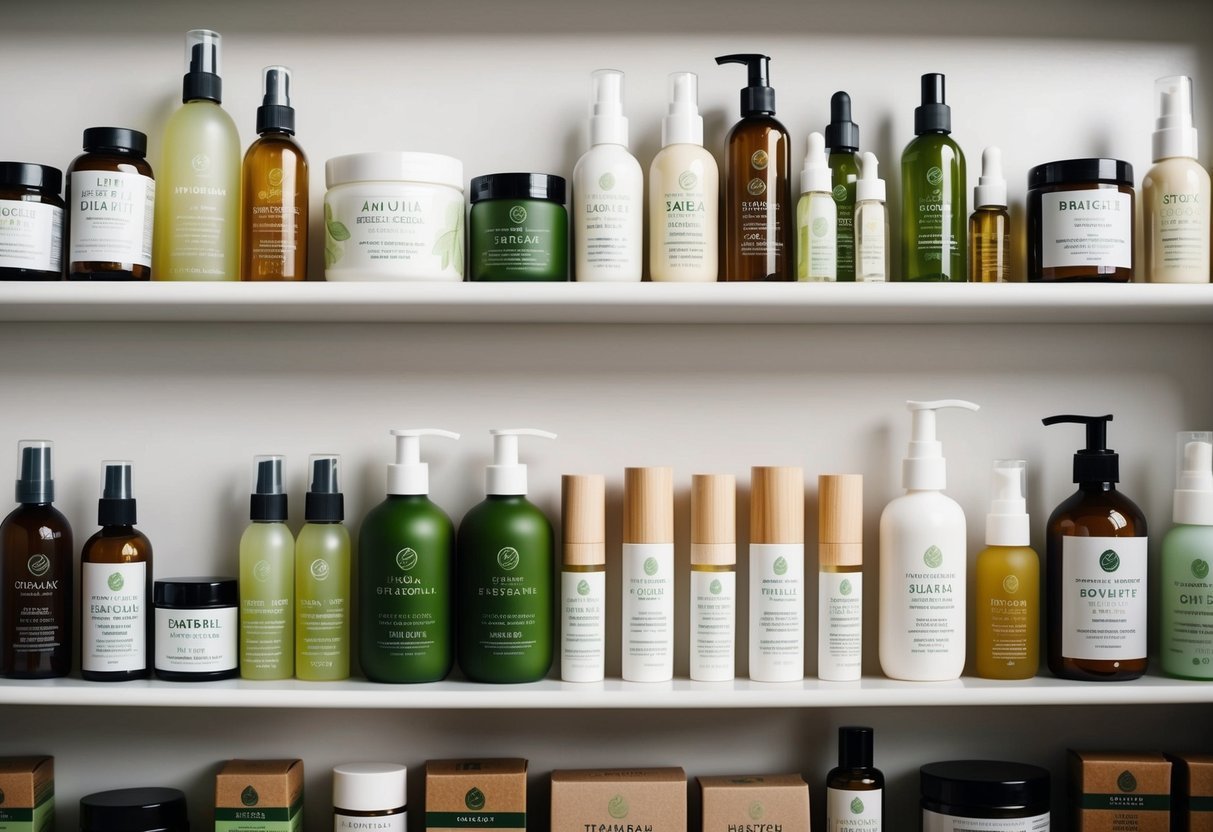 A diverse array of natural and sustainable beauty products displayed on shelves with clear labeling and earth-friendly packaging