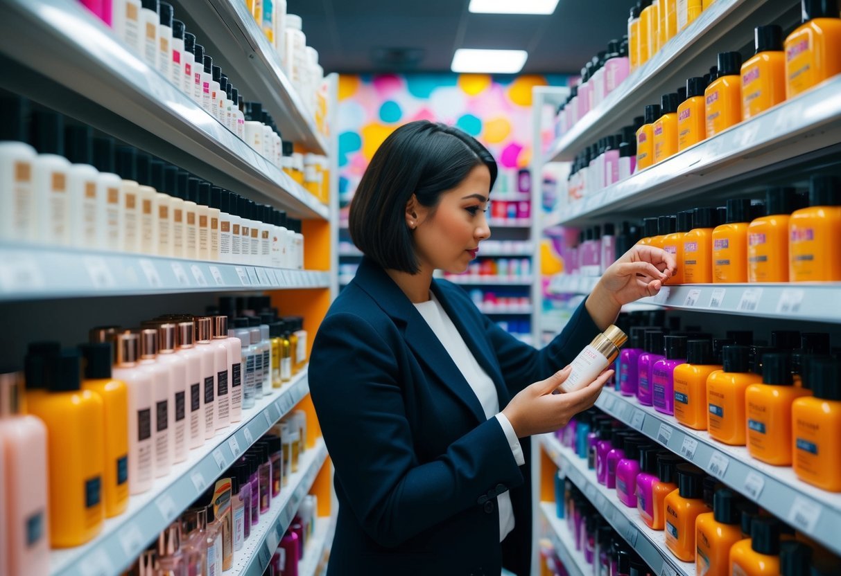 A person browsing through shelves of beauty products, carefully examining labels and ingredients. Bright, colorful packaging surrounds them, creating a visually appealing scene