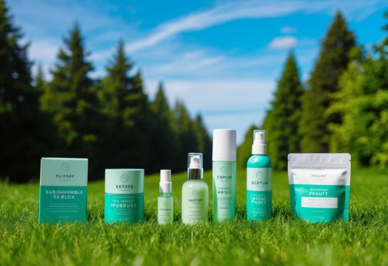 Cosmetic products arranged on grass with a forest background and blue sky