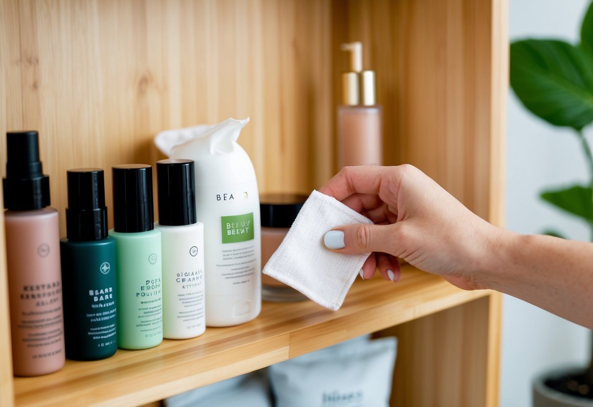 A hand reaching for a reusable makeup wipe next to a row of clean beauty products on a eco-friendly bamboo shelf